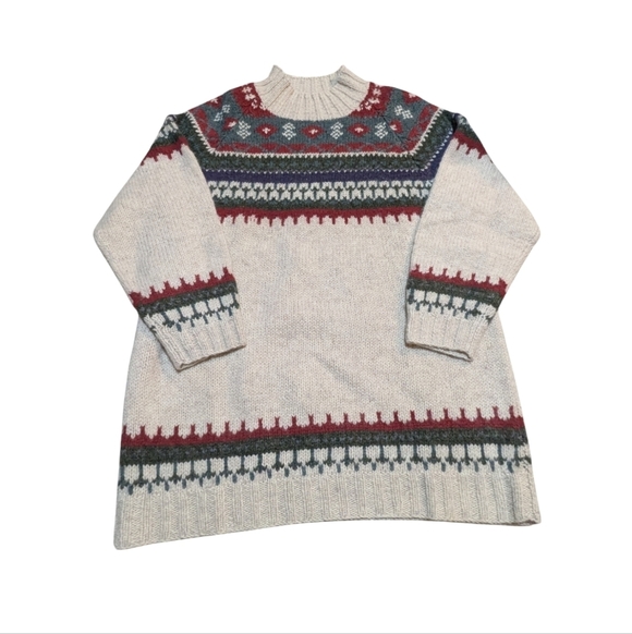 Moda International Mock Neck Fair Isle Tunic Sweater Small Cream Oatmeal Red - Picture 1 of 7